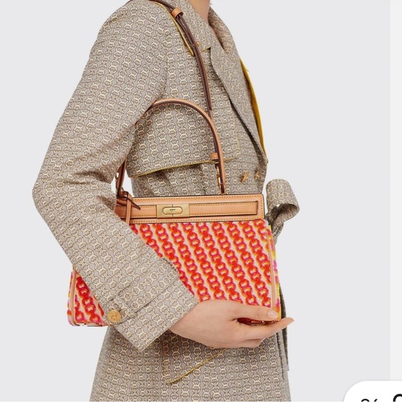 $698 Tory Burch Lee Radziwill Fil Coupe Satchel Bag Gemini Link Canvas - Picture 2 of 3